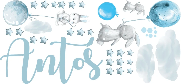 Naklejka ścienna dla dzieci - Imie niebieskie króliczki i gwiazdki