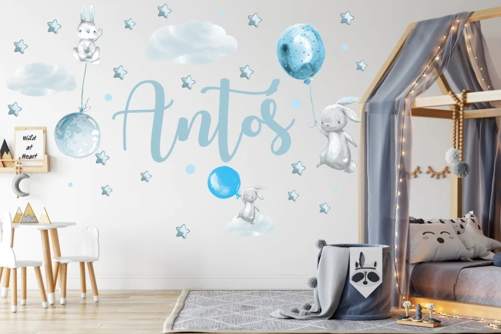 Naklejka ścienna dla dzieci - Imie niebieskie króliczki i gwiazdki
