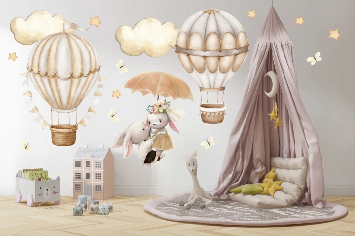 Naklejka ścienna dla dzieci -Zwierzątka króliczki i beżowe niebo