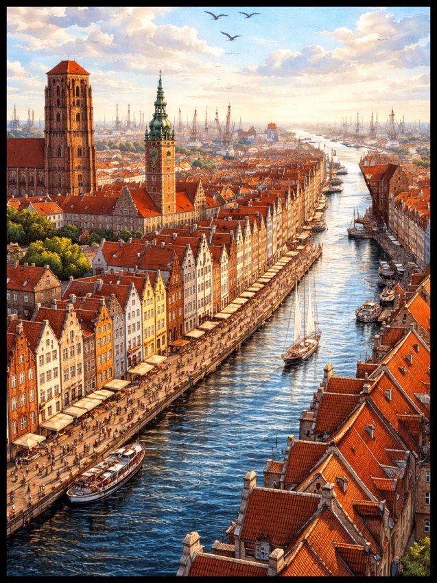 Plakat, Gdańsk z lotu ptaka nad Motławą