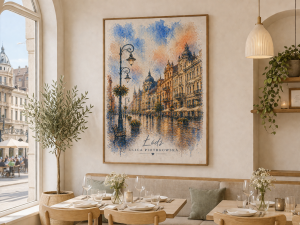 Plakat, Miasto Łódź ulica Piotrkowska akwarela