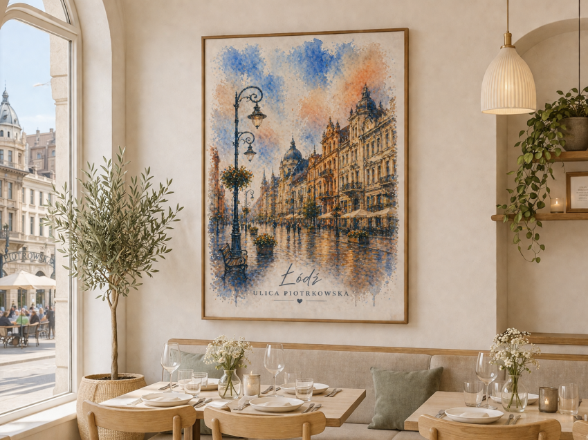 Plakat, Miasto Łódź ulica Piotrkowska akwarela