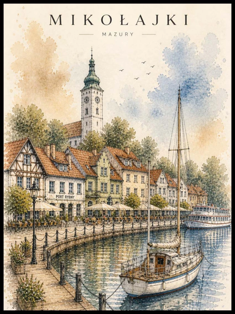 Plakat, Mazury - Polskie miasto Mikołajki akwarela