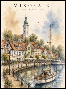 Plakat, Mazury - Polskie miasto Mikołajki akwarela