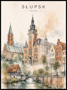 Plakat, Polskie miasto Słupsk akwarela