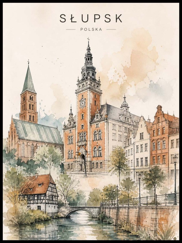 Plakat, Polskie miasto Słupsk akwarela