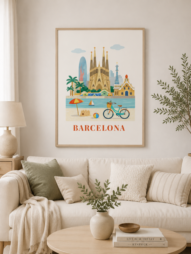 Plakat, Barcelona Hiszpania ilustracja retro