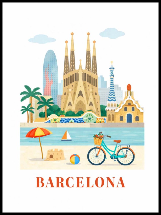 Plakat, Barcelona Hiszpania ilustracja retro