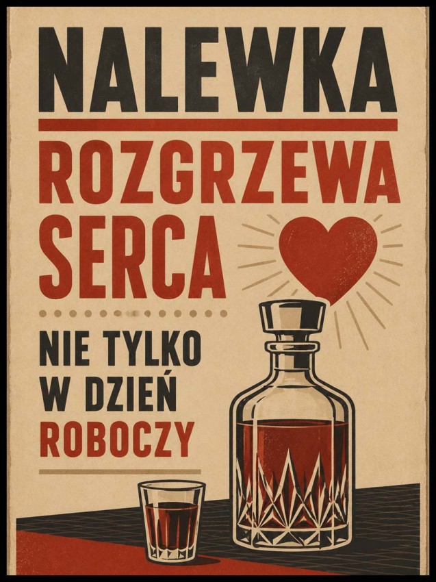 Plakat kulinarny w stylu PRL - Nalewka rozgrzewa serca
