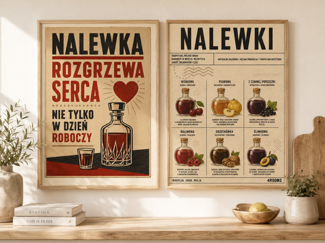 Plakat kulinarny w stylu PRL - Nalewka rozgrzewa serca