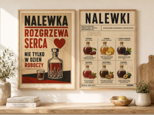 Plakat kulinarny w stylu PRL - Nalewka rozgrzewa serca