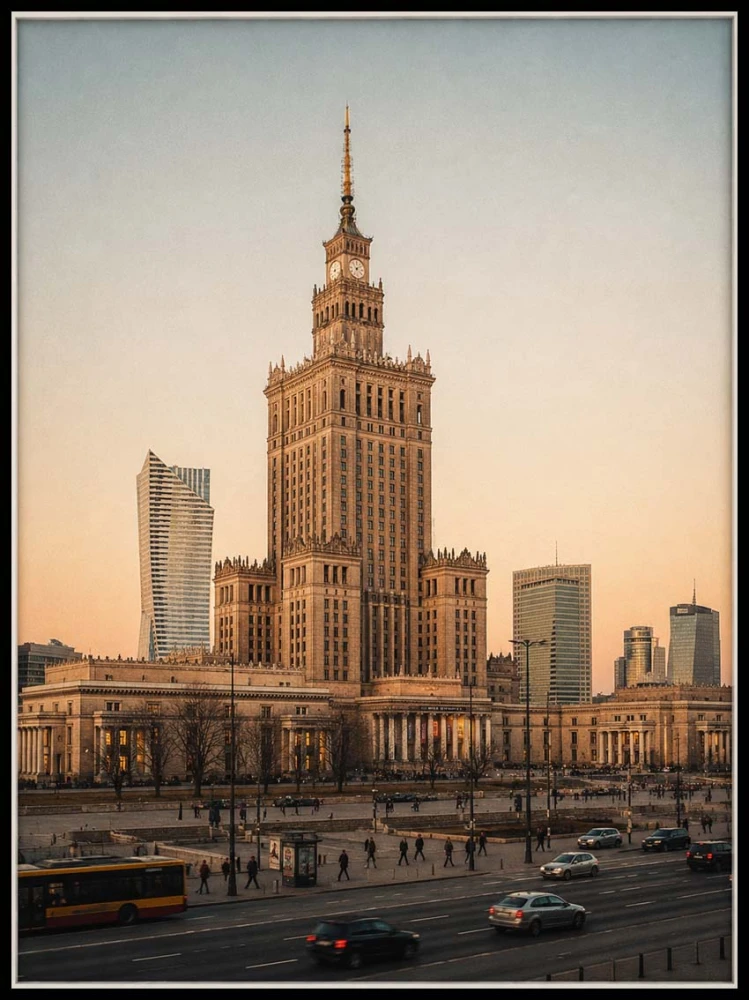 Elegancki plakat przedstawiający Pałac Kultury i Nauki w Warszawie na tle nowoczesnej panoramy miasta. Stylowa dekoracja ścienna dla miłośników architektury, podróży i wyjątkowych miejskich krajobrazów.