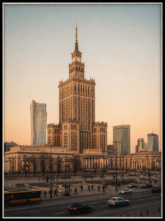 Elegancki plakat przedstawiający Pałac Kultury i Nauki w Warszawie na tle nowoczesnej panoramy miasta. Stylowa dekoracja ścienna dla miłośników architektury, podróży i wyjątkowych miejskich krajobrazów.