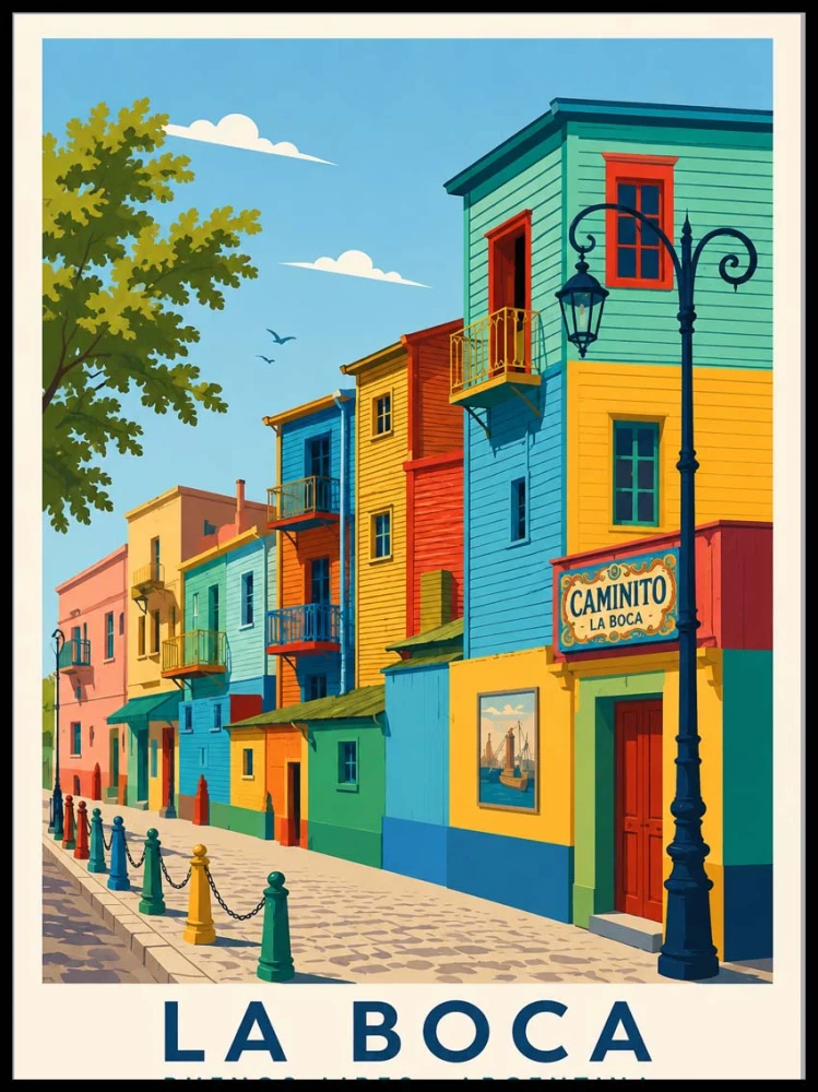 Plakat La Boca Buenos Aires Argentyna – kolorowe kamienice przy ulicy Caminito, nowoczesna grafika podróżnicza 4rooms.