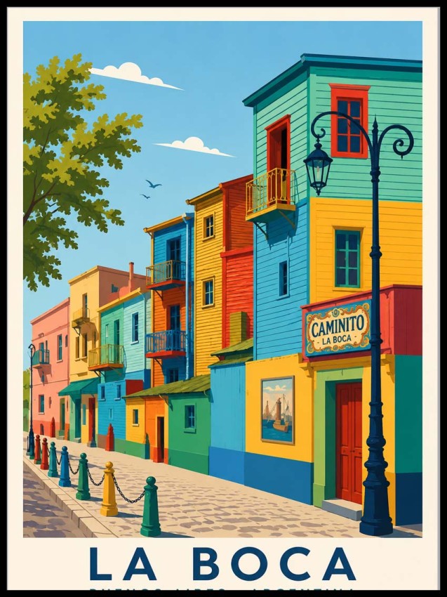 Plakat La Boca Buenos Aires Argentyna – kolorowe kamienice przy ulicy Caminito, nowoczesna grafika podróżnicza 4rooms.