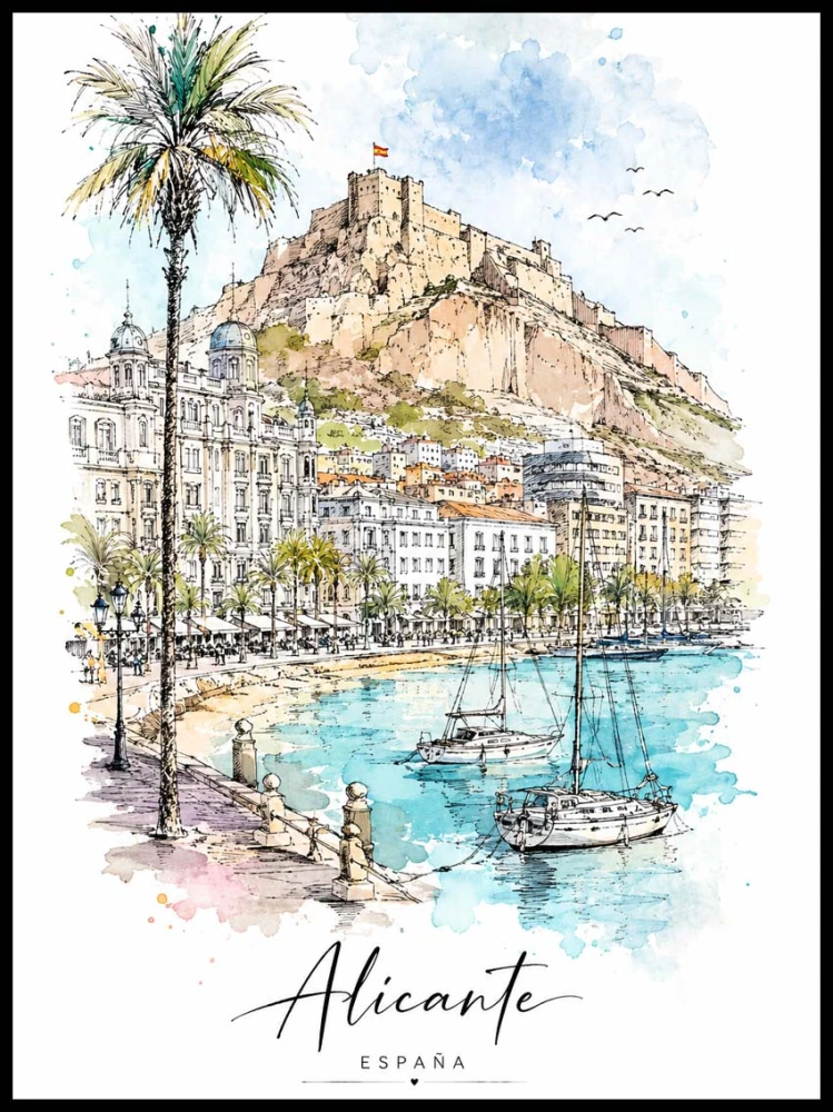 Plakat Alicante Hiszpania – akwarelna ilustracja mariny, palm i zamku Santa Bárbara nad Morzem Śródziemnym