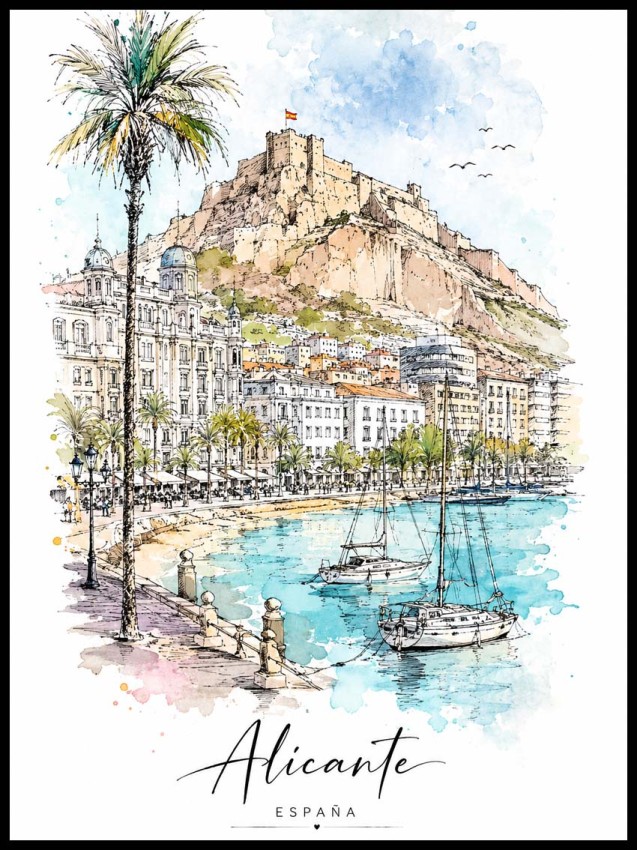 Plakat Alicante Hiszpania – akwarelna ilustracja mariny, palm i zamku Santa Bárbara nad Morzem Śródziemnym