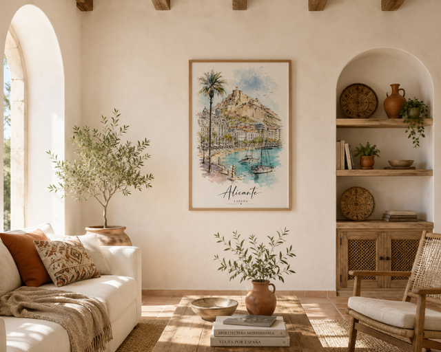 Plakat Alicante Hiszpania – akwarelna ilustracja mariny, palm i zamku Santa Bárbara nad Morzem Śródziemnym