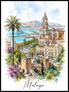 Plakat Málaga Hiszpania – akwarelna ilustracja katedry, twierdzy Alcazaba, portu i palm nad Morzem Śródziemnym w Andaluzji.