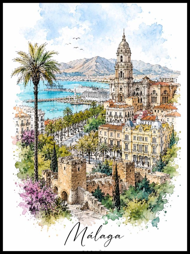 Plakat Málaga Hiszpania – akwarelna ilustracja katedry, twierdzy Alcazaba, portu i palm nad Morzem Śródziemnym w Andaluzji.