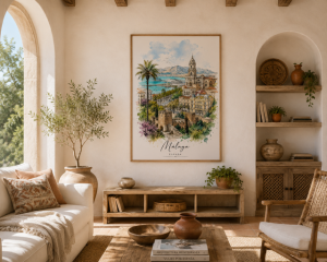 Plakat Málaga Hiszpania – akwarelna ilustracja katedry, twierdzy Alcazaba, portu i palm nad Morzem Śródziemnym w Andaluzji.