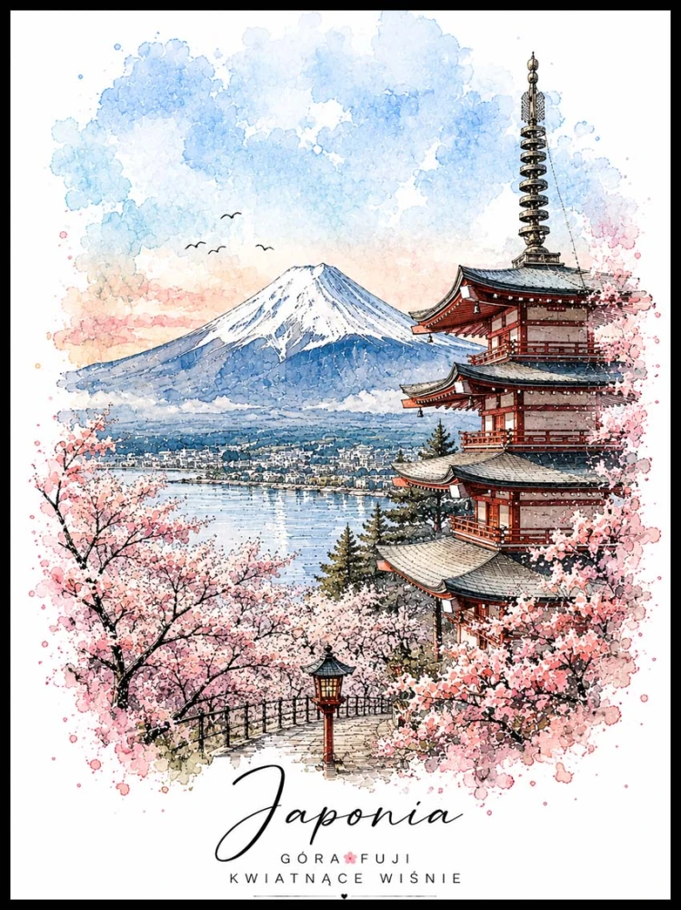 Plakat Japonia – akwarelna ilustracja Góry Fuji, pagody Chureito i kwitnących wiśni Sakura w pastelowych kolorach.