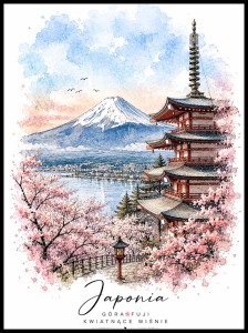Plakat Japonia – akwarelna ilustracja Góry Fuji, pagody Chureito i kwitnących wiśni Sakura w pastelowych kolorach.