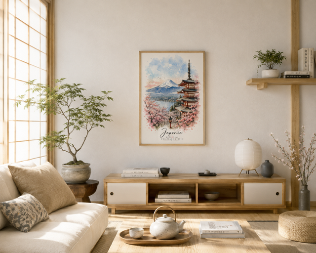 Plakat Japonia – akwarelna ilustracja Góry Fuji, pagody Chureito i kwitnących wiśni Sakura w pastelowych kolorach.