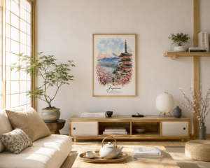 Plakat Japonia – akwarelna ilustracja Góry Fuji, pagody Chureito i kwitnących wiśni Sakura w pastelowych kolorach.