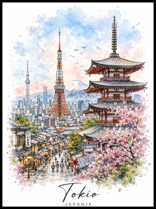 Plakat, Japonia - Tokio akwarela