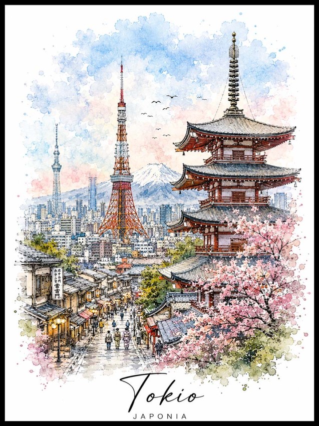 Plakat, Japonia - Tokio akwarela