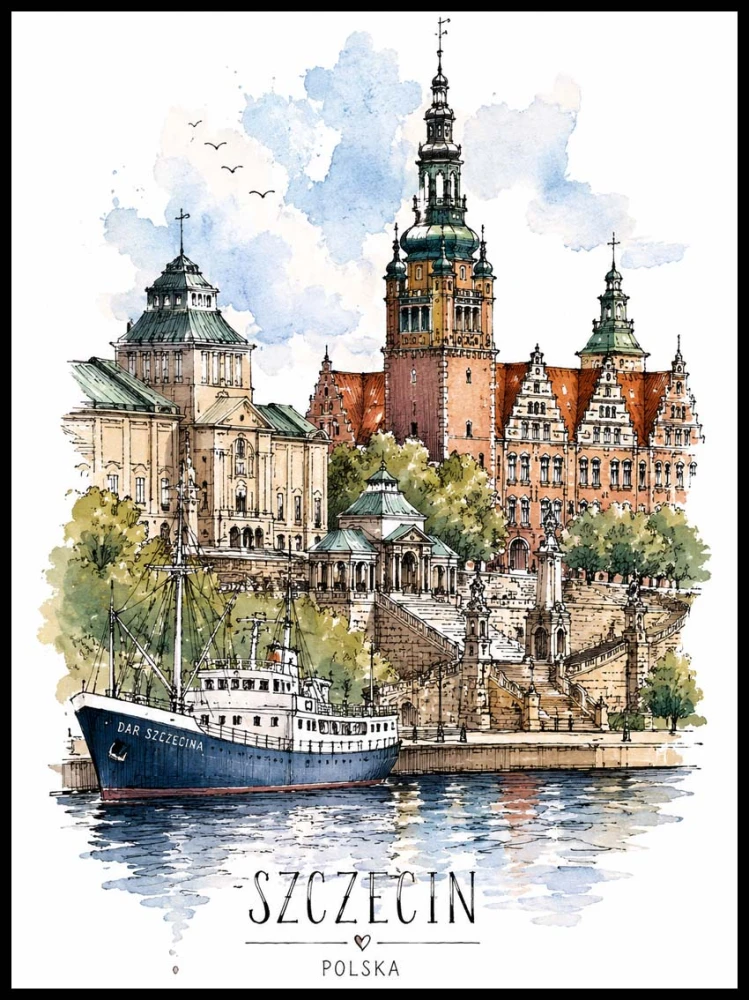 Plakat, Polskie miasto - Szczecin akwarela z napisem 4rooms