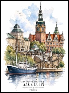 Plakat, Polskie miasto - Szczecin akwarela z napisem 4rooms