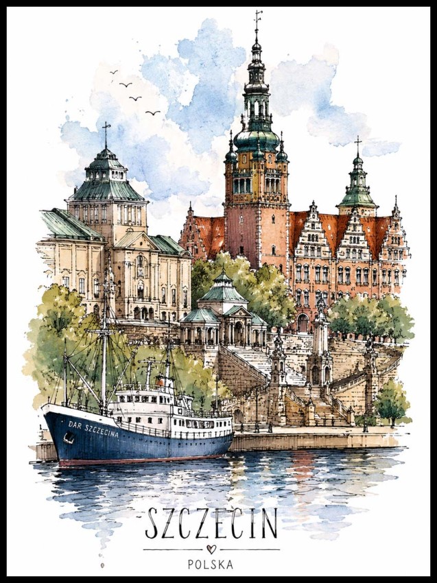 Plakat, Polskie miasto - Szczecin akwarela z napisem 4rooms