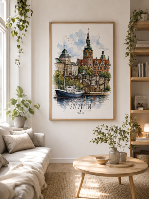 Plakat, Polskie miasto - Szczecin akwarela z napisem 4rooms