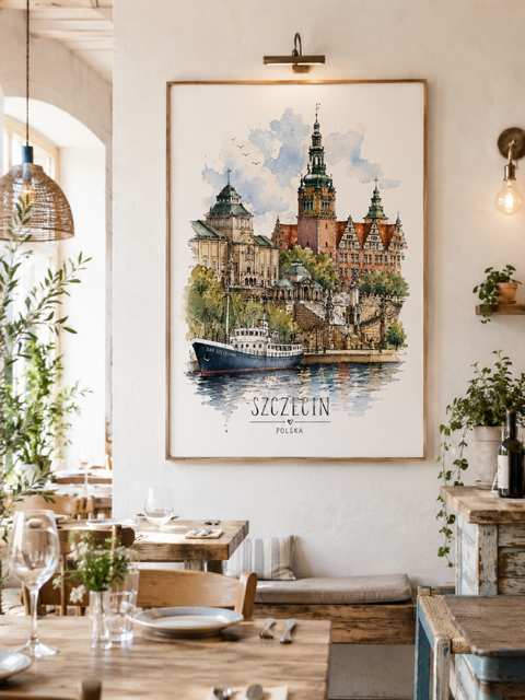 Plakat, Polskie miasto - Szczecin akwarela z napisem 4rooms