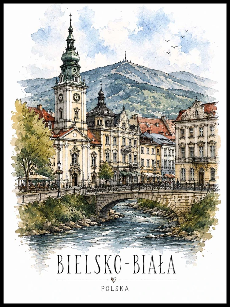 Plakat, Polskie miasto Bielsko - Biała z napisem - akwarela