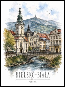 Plakat, Polskie miasto Bielsko - Biała z napisem - akwarela