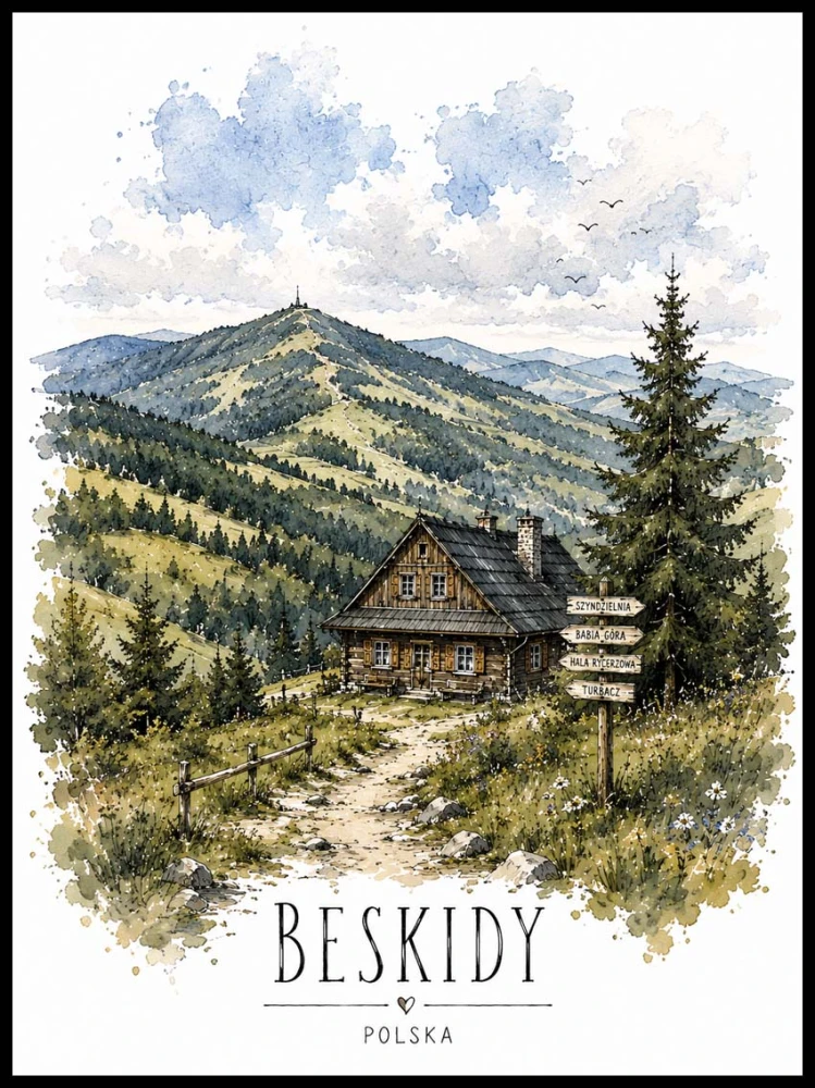 Plakat, Polskie Regiony - Beskidy akwarela z napisem