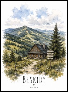 Plakat, Polskie Regiony - Beskidy akwarela z napisem