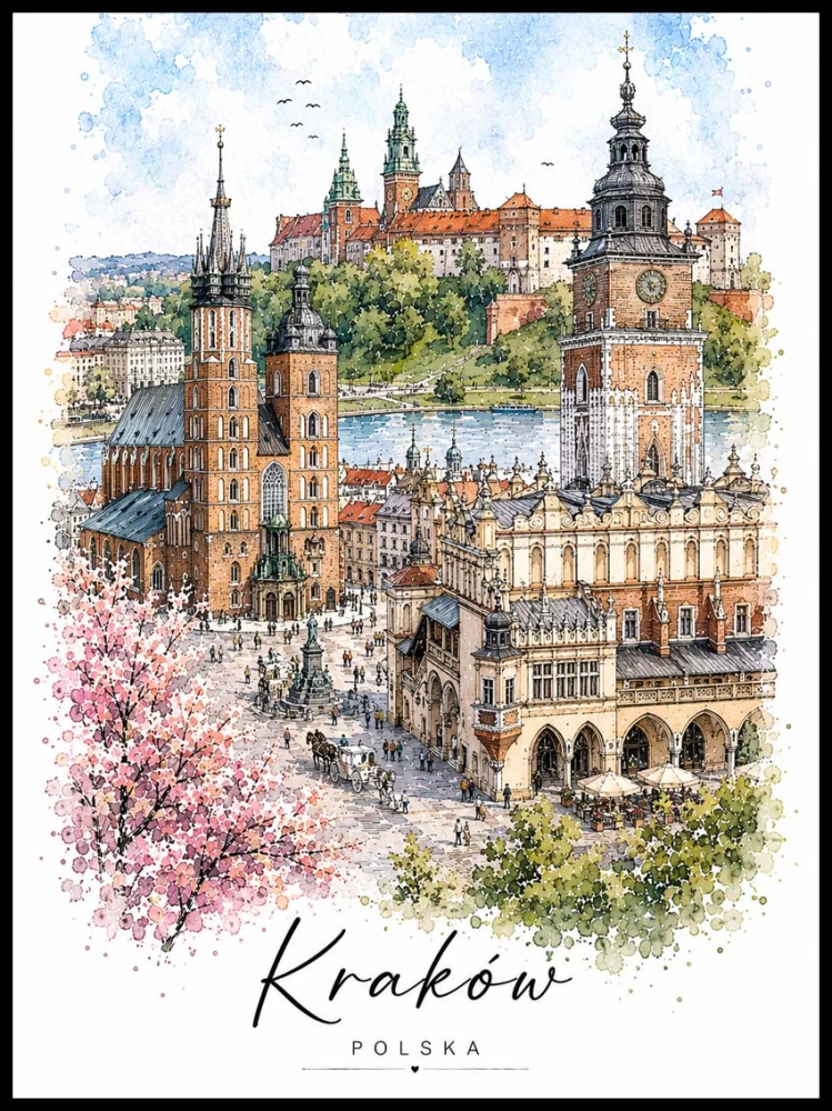 Plakat, Kraków akwarela z napisem