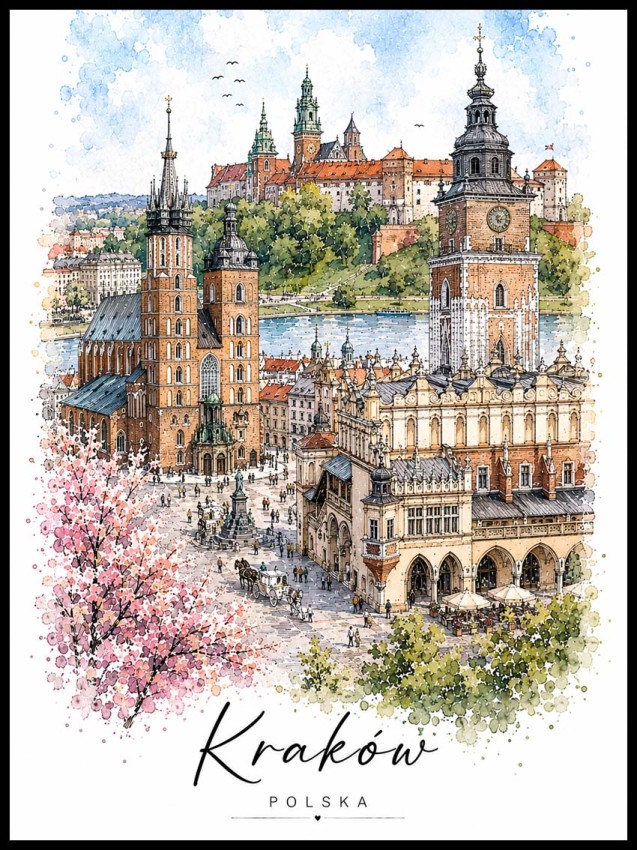 Plakat, Kraków akwarela z napisem