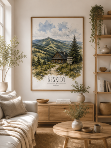 Plakat, Polskie Regiony - Beskidy akwarela z napisem