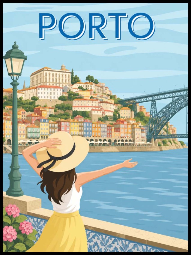 Plakat Porto w Portugalii przedstawiający dziewczynę podziwiającą panoramę miasta, rzekę Douro oraz most Dom Luís I w wakacyjnym stylu retro.