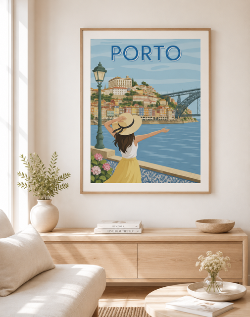 Plakat Porto w Portugalii przedstawiający dziewczynę podziwiającą panoramę miasta, rzekę Douro oraz most Dom Luís I w wakacyjnym stylu retro.