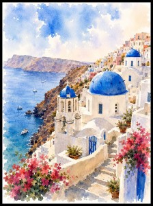 Plakat, Grecja Santorini - akwarela