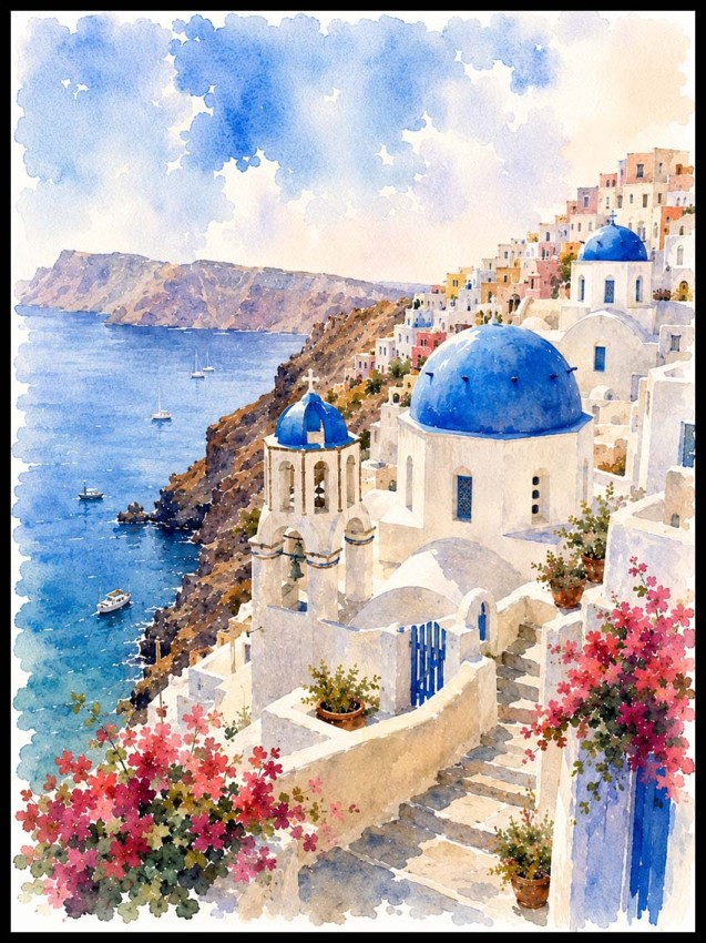 Plakat, Grecja Santorini - akwarela
