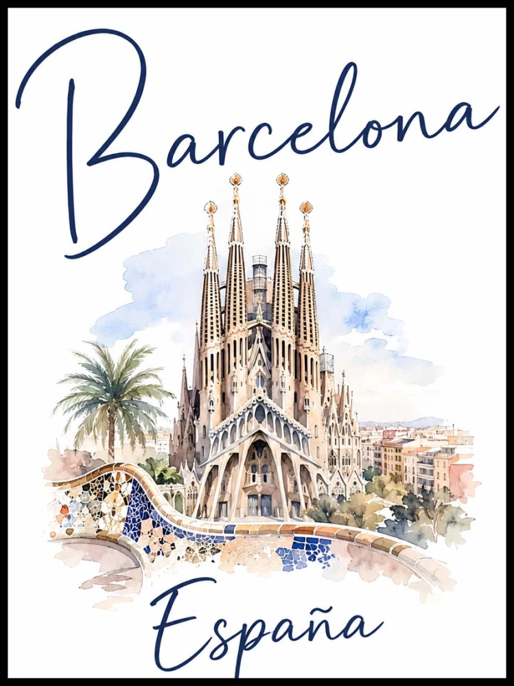 Plakat, Barcelona Hiszpania ilustracja z napisem