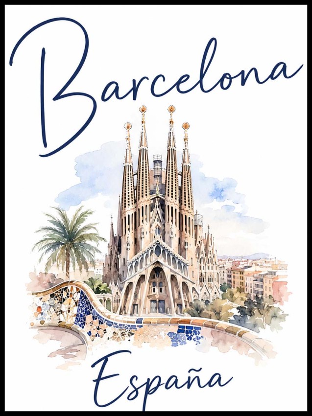 Plakat, Barcelona Hiszpania ilustracja z napisem
