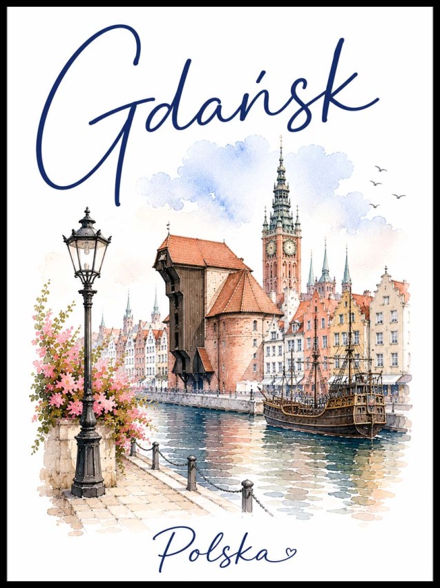 Plakat, Gdańsk - ilustracja miasta z napisem 4rooms